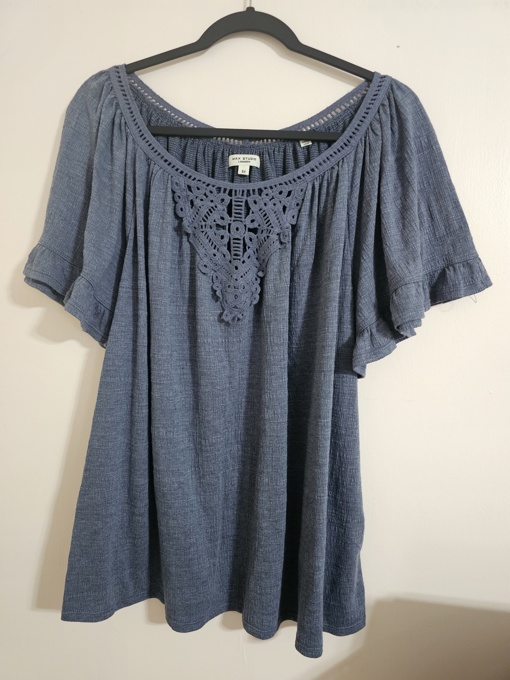 Max Studio 3X Slate Blue Heathered BOHO Crochet-Trim Peasant Tunic